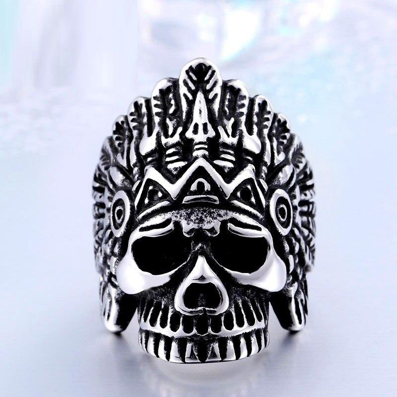 Bague Chef Indien Homme - Acier Inox 316L - Tête De Mort Amérindien - Taille 8 à 13